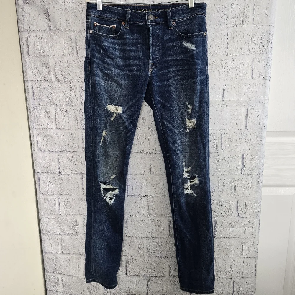 American Eagle Men's Dark Wash Slim Flex Distressed Jeans 30X34